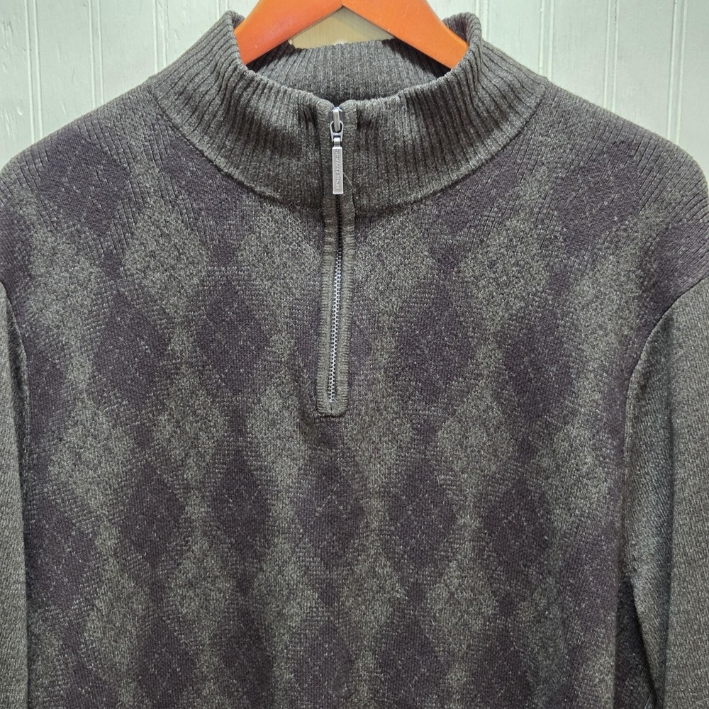 Geoffrey Beene Sweater Mens XL Gray Argyle 1/4 Zip Mock Neck Knit Pullover